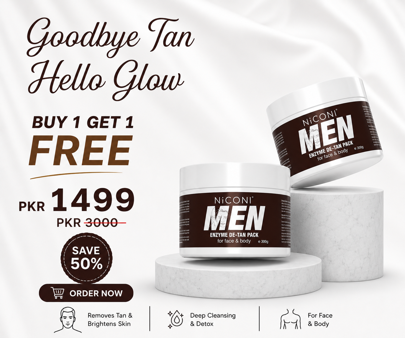 🔥 Buy 1 Get 1 FREE – Niconi Men Enzyme De-Tan Pack (300g Each)